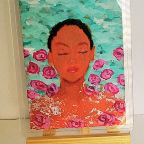 ACEO Original Art Card  Signed by Artis Serene Portrait with Pink Roses - Picture 3 of 8